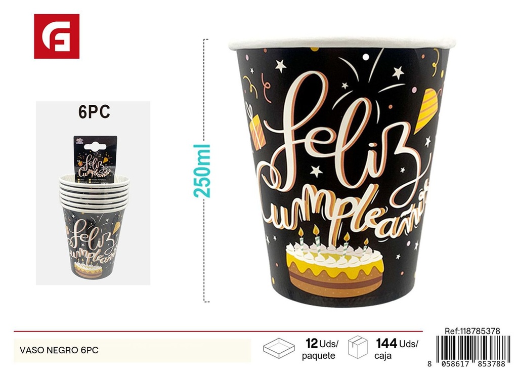 Vasos negros de feliz cumpleaños en español 6 piezas 9 Oz - Accesorios de fiesta