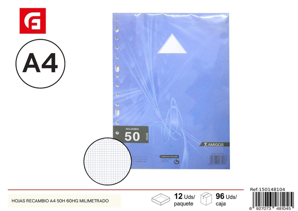 Hojas de recambio A4 de 50H 60g milimetradas - Material escolar y papelería de oficina
