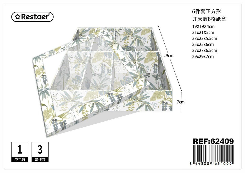 Caja de papel con ventana 6 piezas cuadradas 29x29x7cm - Artículos de regalo y envase