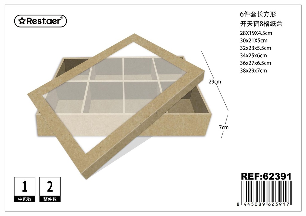 Caja de papel con ventana 6 piezas rectangulares 38x29x7cm - Artículos de regalo y envase