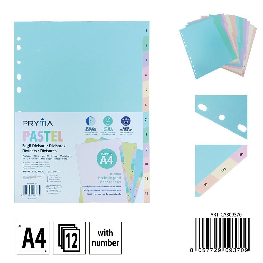 Separadores de archivos A4 color pastel con 12 números - Organizador de documentos