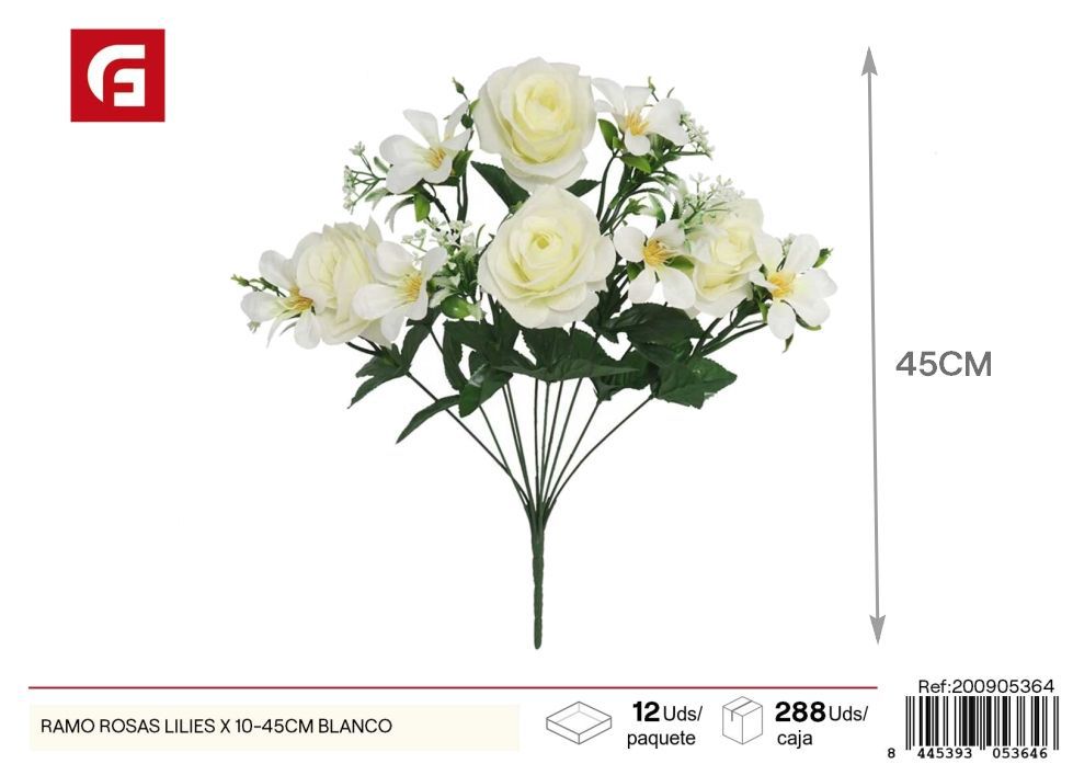 Ramo de rosas y lirios 10 piezas 45 cm blanco - Flores artificiales decorativas