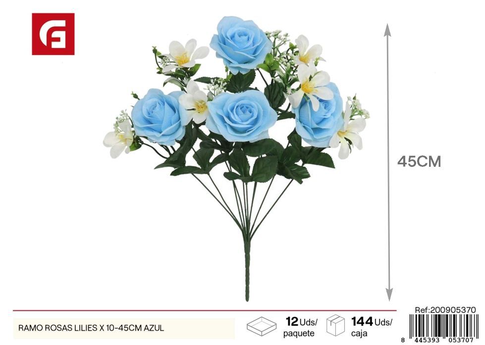 Ramo de rosas y lirios 10 piezas 45 cm azul - Flores artificiales decorativas