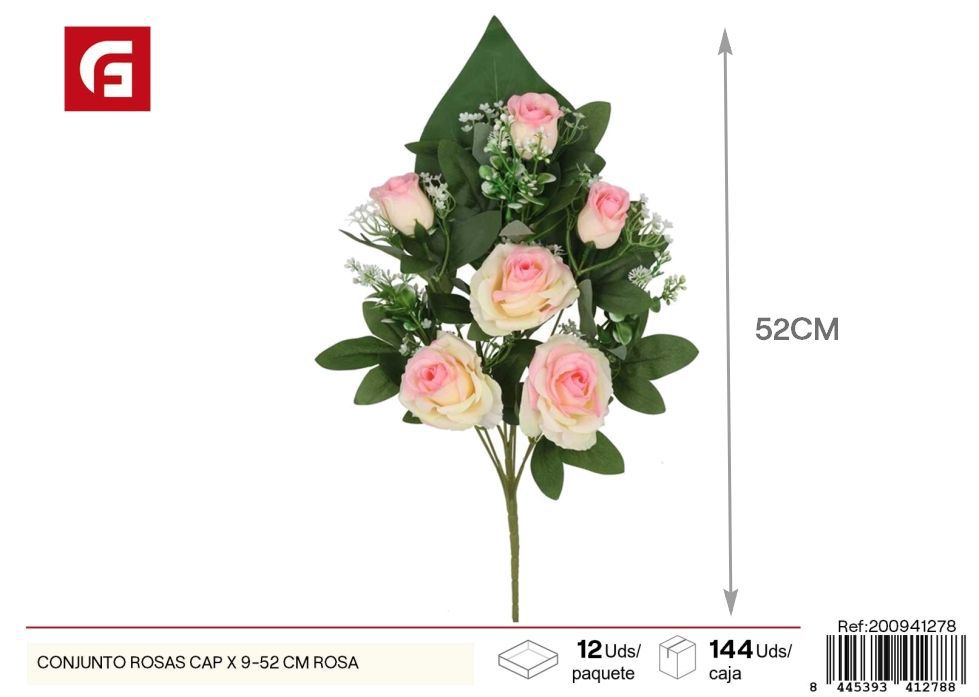 Conjunto de rosas y capullos x 9 - 52 cm - Rosa, flores artificiales