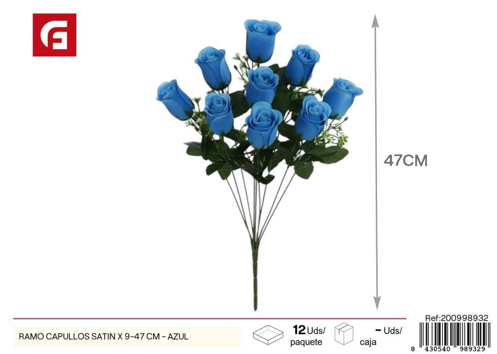 Ramo de capullos satinados azul x9 47cm - Flores artificiales decorativas