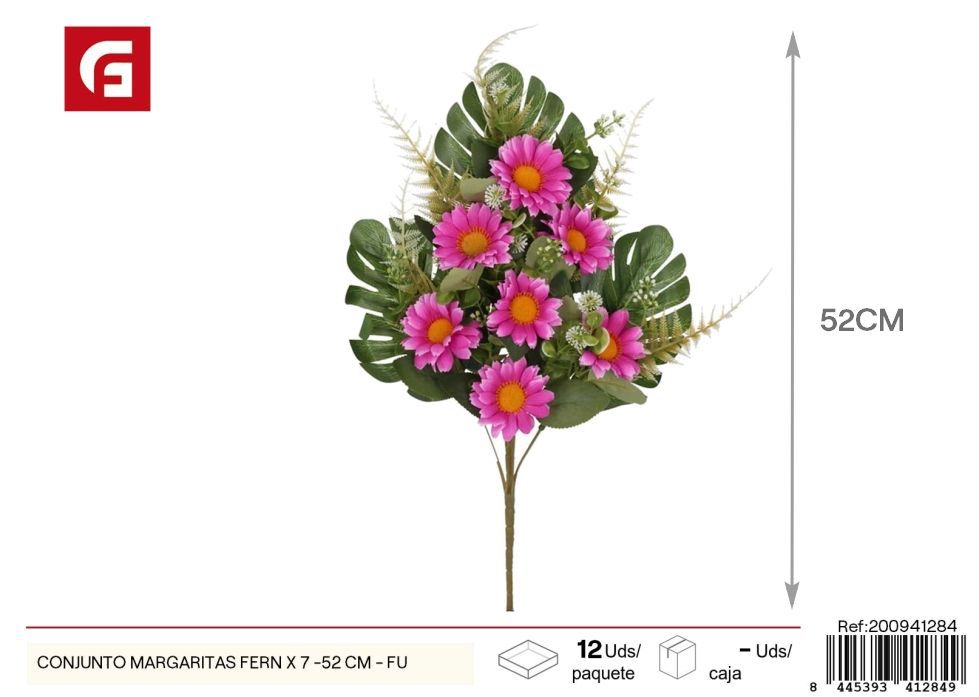 Conjunto de margaritas y helechos x 7 - 52 cm - Fucsia, flores artificiales
