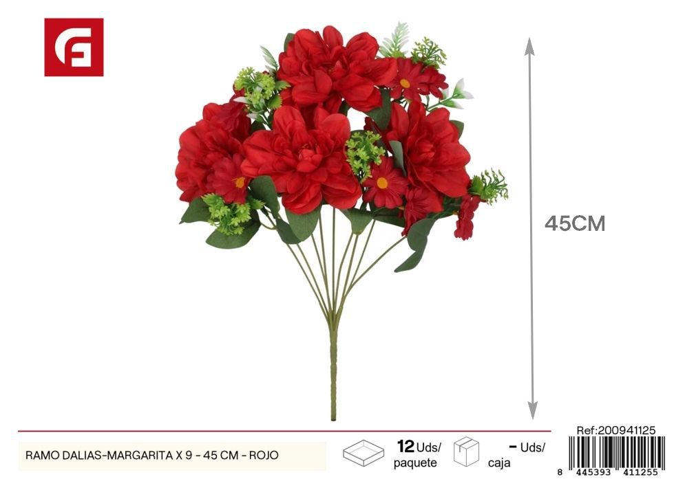 Ramo de dalias y margaritas x 9 - 45 cm - Rojo, flores artificiales decorativas