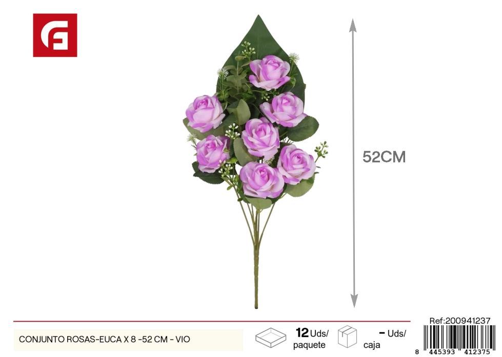 Conjunto de rosas y eucalipto x 8 - 52 cm - Violeta, flores artificiales