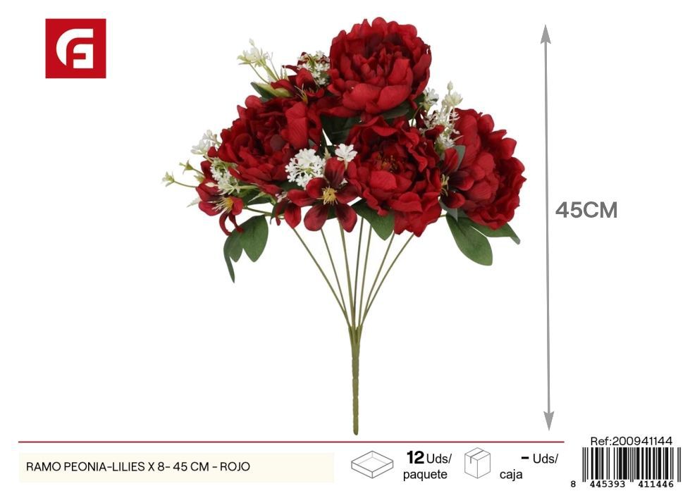 Ramo de peonías y lirios x 8 - 45 cm - Rojo, flores artificiales decorativas