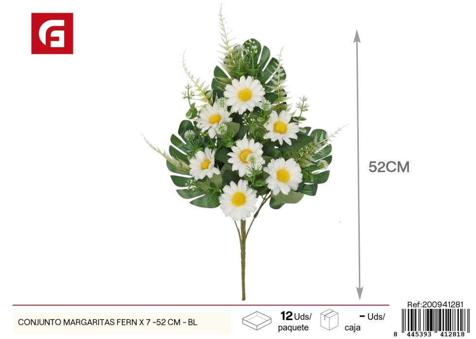 Conjunto de margaritas y helechos x 7 - 52 cm - Blanco, flores artificiales