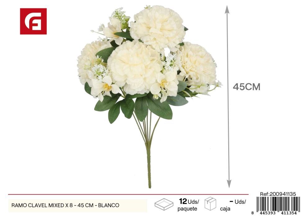 Ramo de claveles mezclados x 8 - 45 cm - Blanco, flores artificiales de calidad