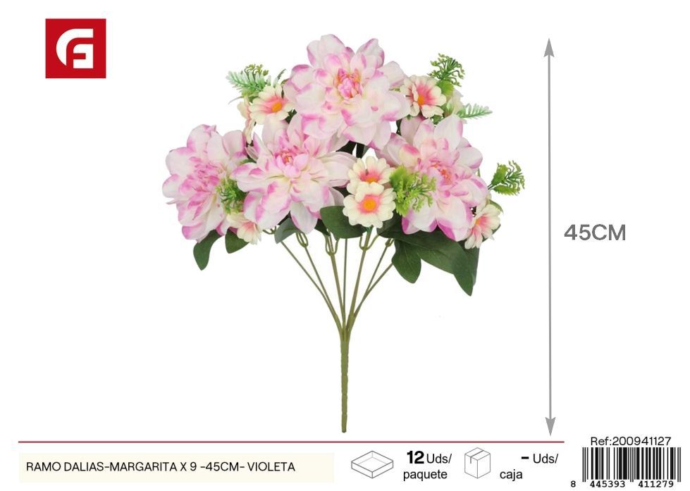 Ramo de Dalias y Margaritas Violeta x 9 - 45 cm - Flores artificiales