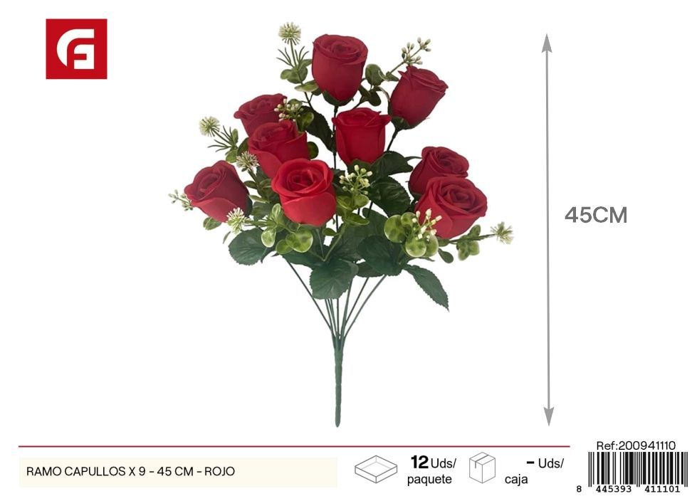 Ramo de Capullos rojos x 9 - 45 cm - Decoración floral