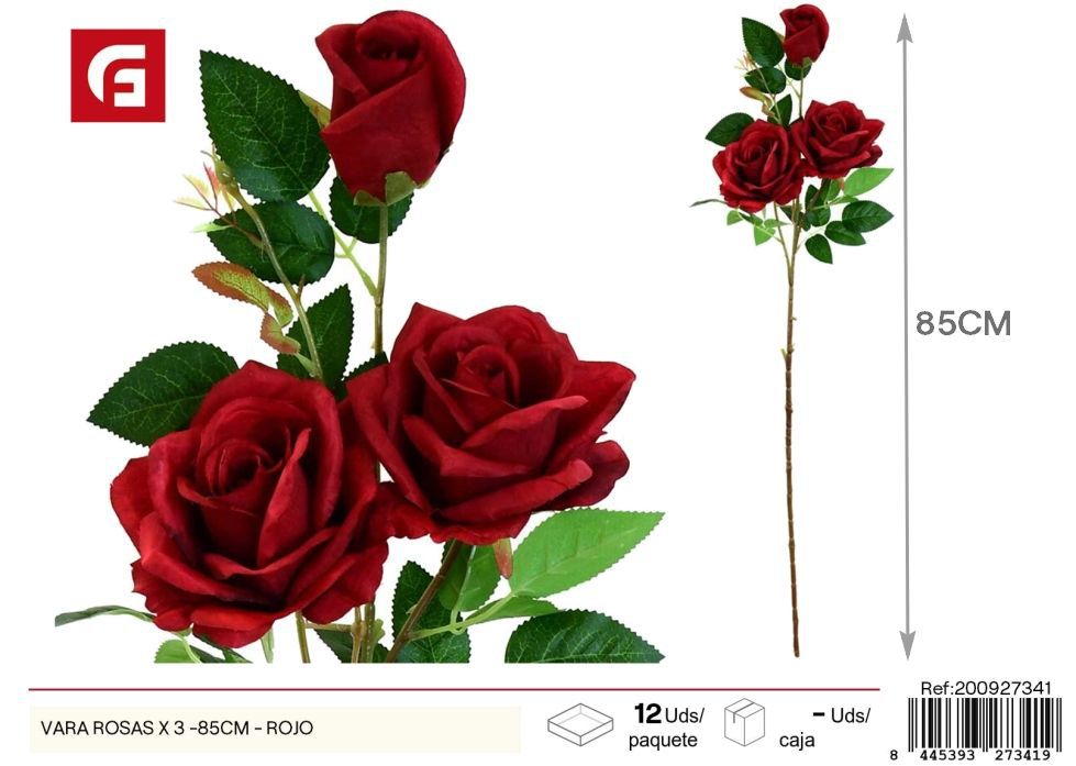 Vara de rosas rojas 3 piezas 85 cm - Flores artificiales de diseño