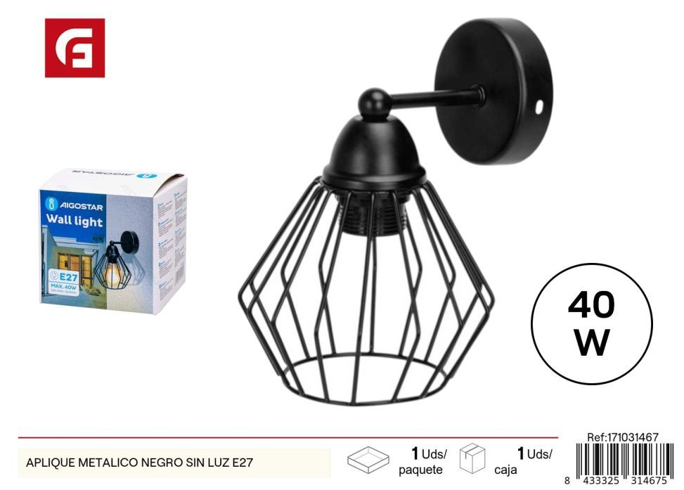 Aplique metálico negro E27 sin bombilla - Iluminación decorativa