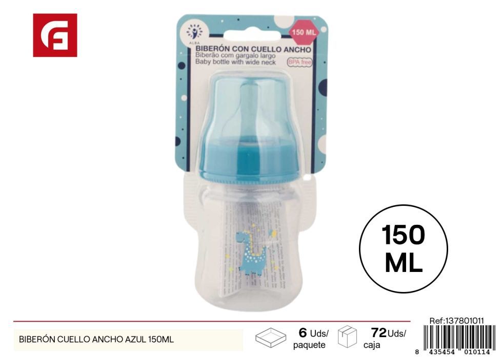 Biberón cuello ancho azul 150 ml - Artículos para bebés