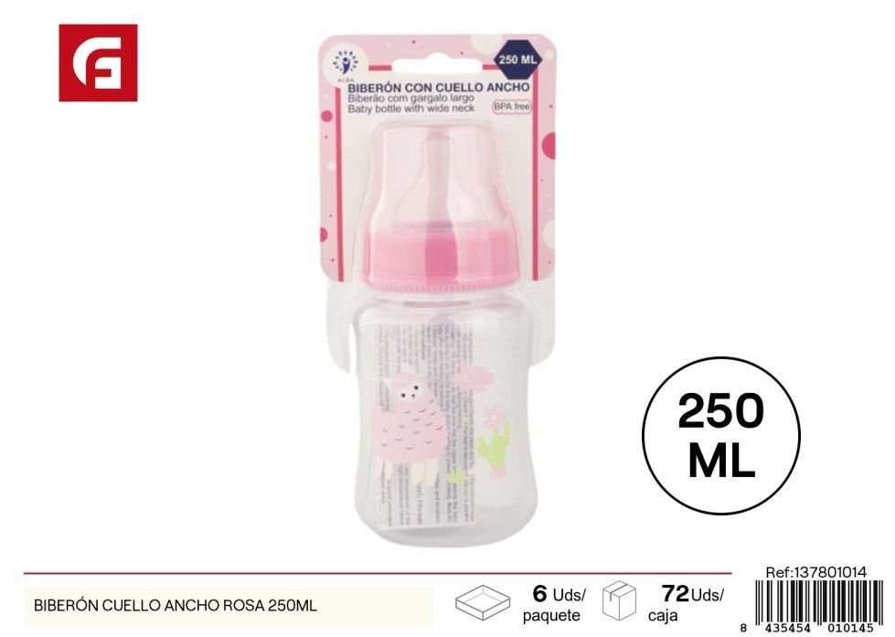 Biberón cuello ancho rosa de 250 ml - Accesorios de alimentación para bebés