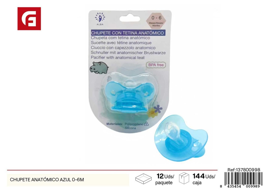 Chupete anatómico azul 0-6 meses - Utensilios para bebés y chupetes