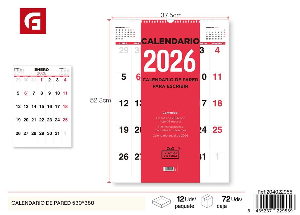 Calendario de pared 530x380 - Material escolar y agendas