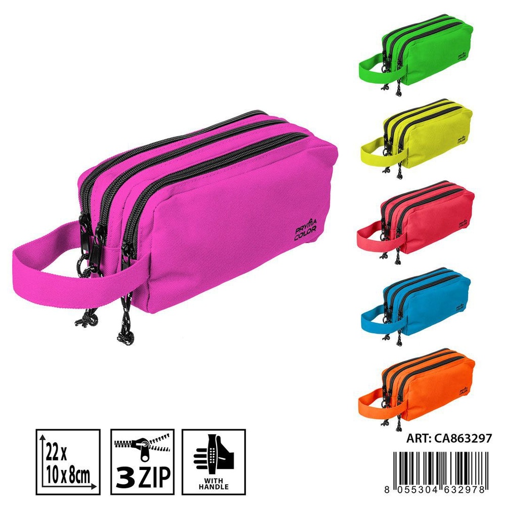 Funda de lápices 3 zip con asa 22x10x8 cm flúor - Accesorios escolares