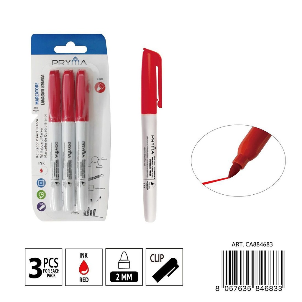 Marcador pizarra blanca p/redonda 2 mm rojo 3 unidades - Herramientas de escritura