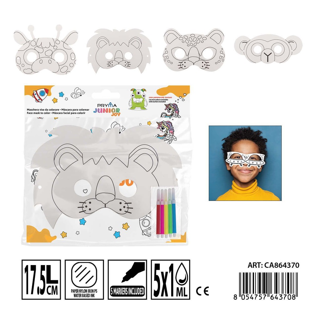 Máscara para colorear con rotuladores 3PZ + 5PZ de acuarelas 17.5 cm - Actividades creativas