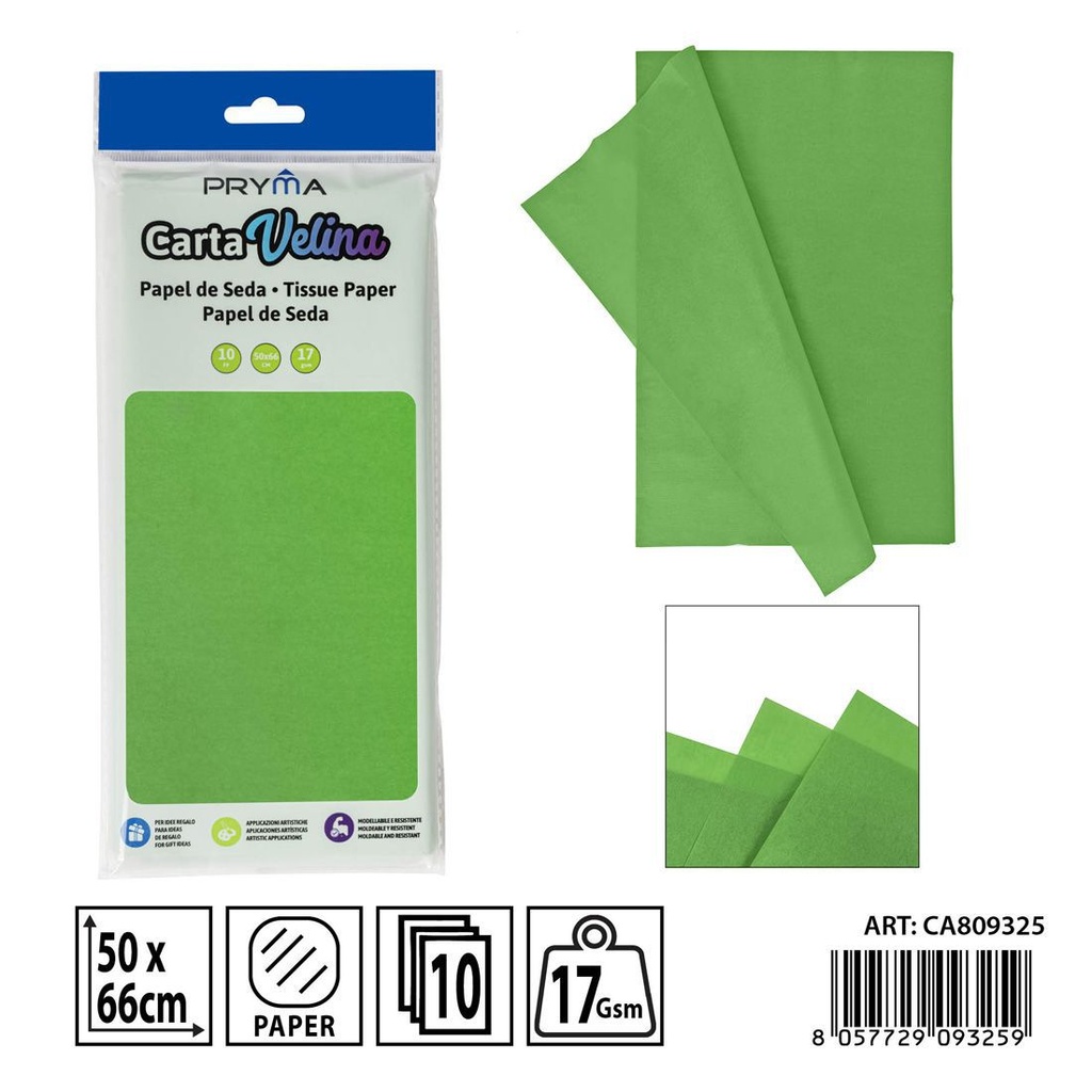 Papel de seda verde 50x66 cm 10FF - Material de manualidades