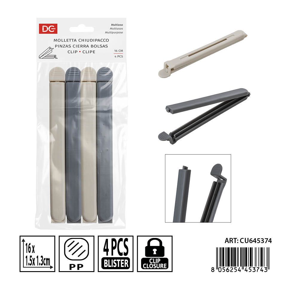 Pinzas cierra bolsas 4pz 16x1.5x1.3cm - Accesorios de cocina y almacenamiento