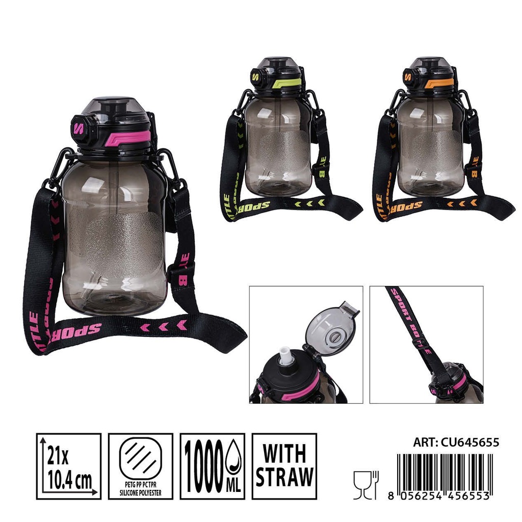 Botella de agua con pajita 1000ml 21x10.4cm - Botellas de agua y utensilios de bebidas