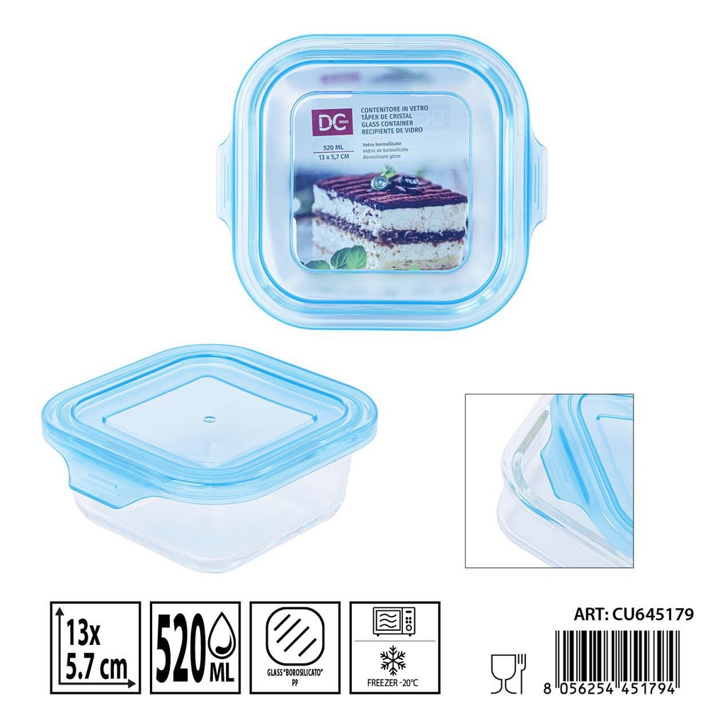 Táper de cristal cuadrado 520ml 13x13x5.7cm - Recipientes de almacenamiento en vidrio
