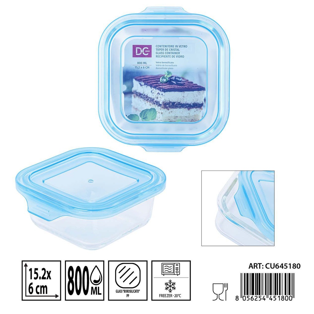 Táper de cristal cuadrado 800 ml - 15.2 x 15.2 x 6 cm