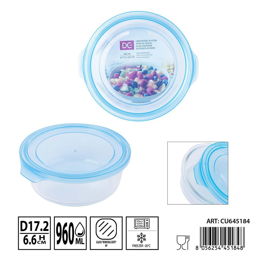 Táper de cristal redondo 960ml 17.2x6.6cm - Recipientes de almacenamiento en vidrio