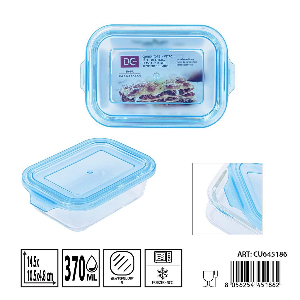 Táper de cristal rectangular 370ml 14.5x10.5x4.8cm - Recipientes de almacenamiento en vidrio