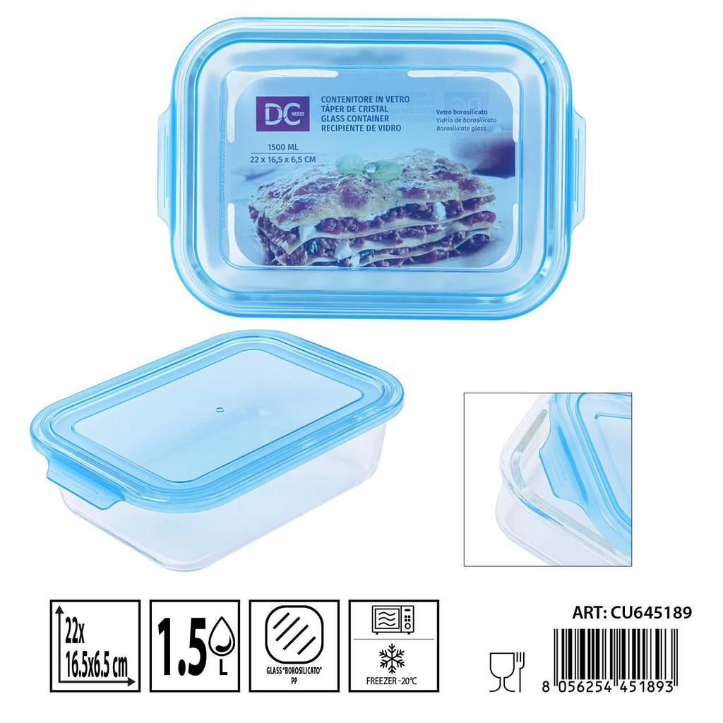 Táper de cristal rectangular 1500 ml - 22 x 16.5 x 6.5 cm