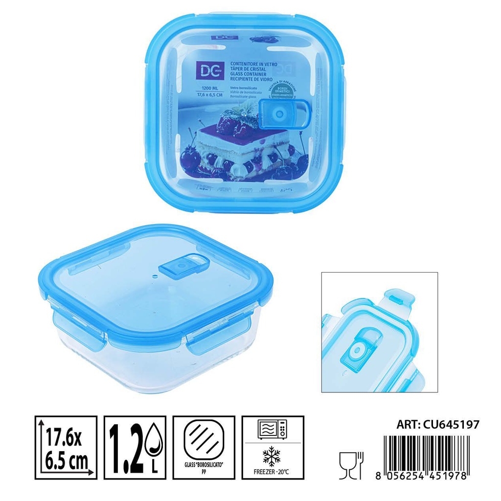 Táper de cristal con válvula 1200 ml - 17.6 x 17.6 x 6.5 cm