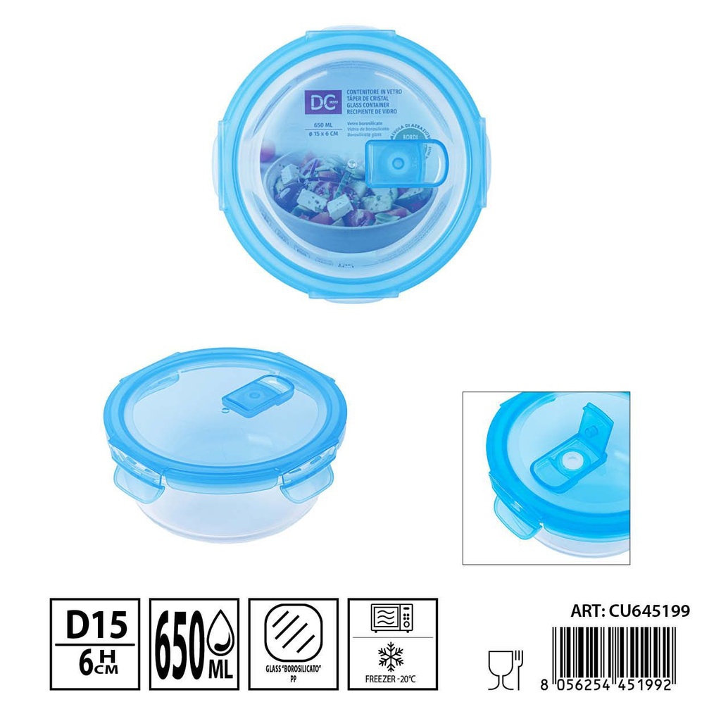 Táper de cristal con válvula 650ml 15x6cm - Recipientes de almacenamiento en vidrio