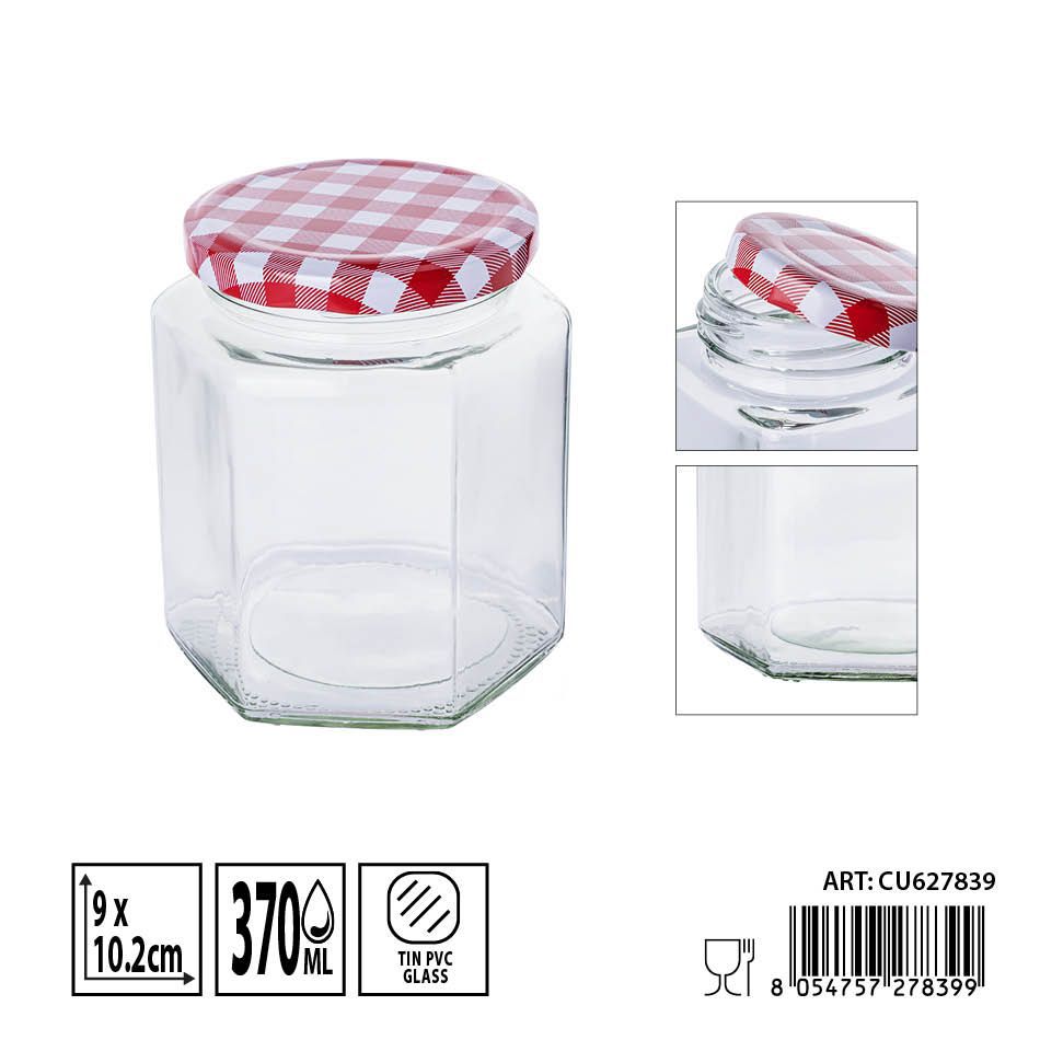 Bote hexagonal de vidrio con tapa 370ml - Envases de almacenamiento decorativos