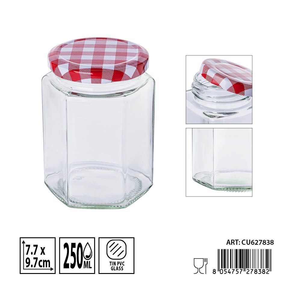 Bote hexagonal de vidrio con tapa 250ml - Envases de almacenamiento decorativos