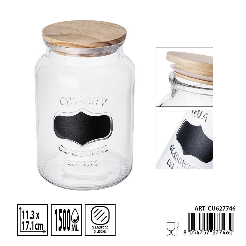 Bote de cristal con tapa de madera 1500ml 11.3x11.3x17.1 cm - Utensilios de almacenamiento
