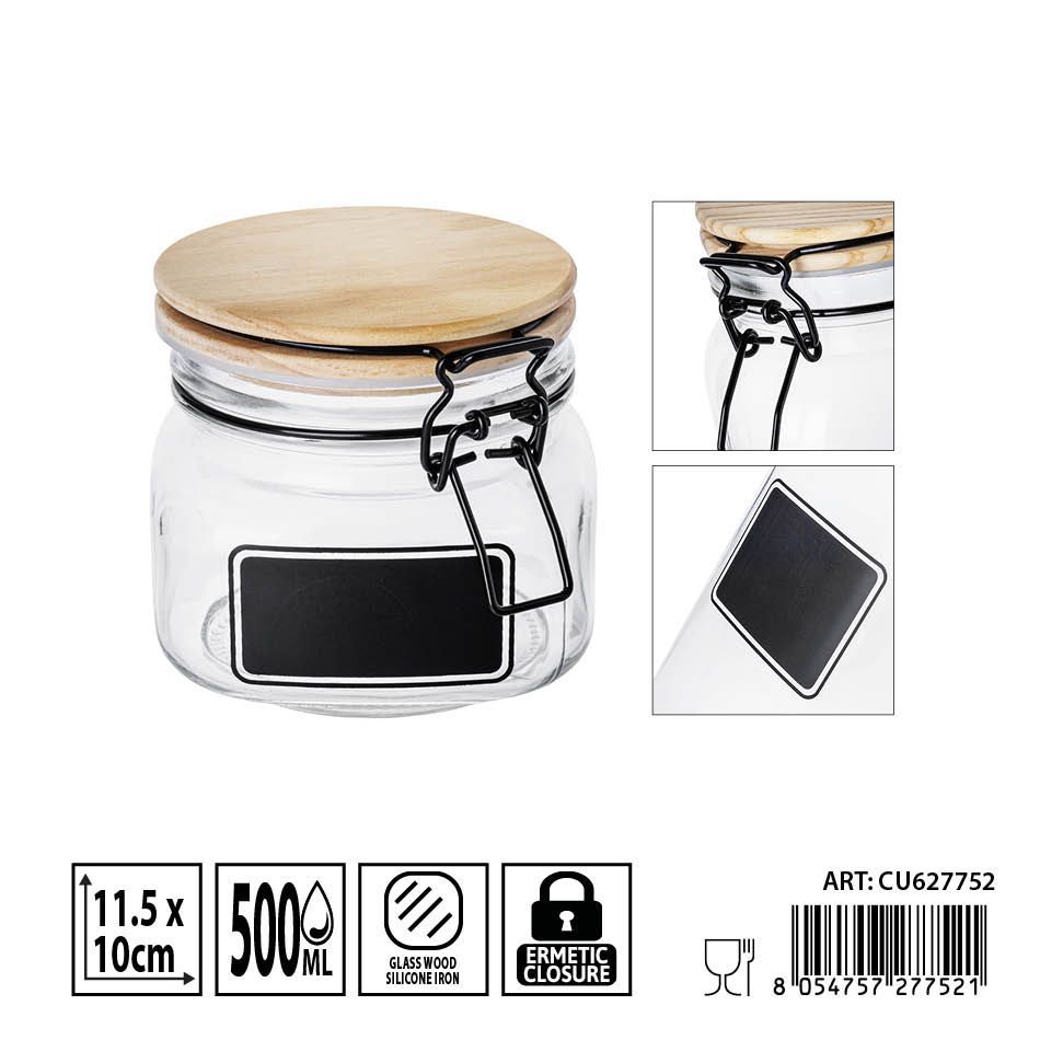 Bote de cristal hermético con tapa de madera 500ml - Envases de almacenamiento seguros