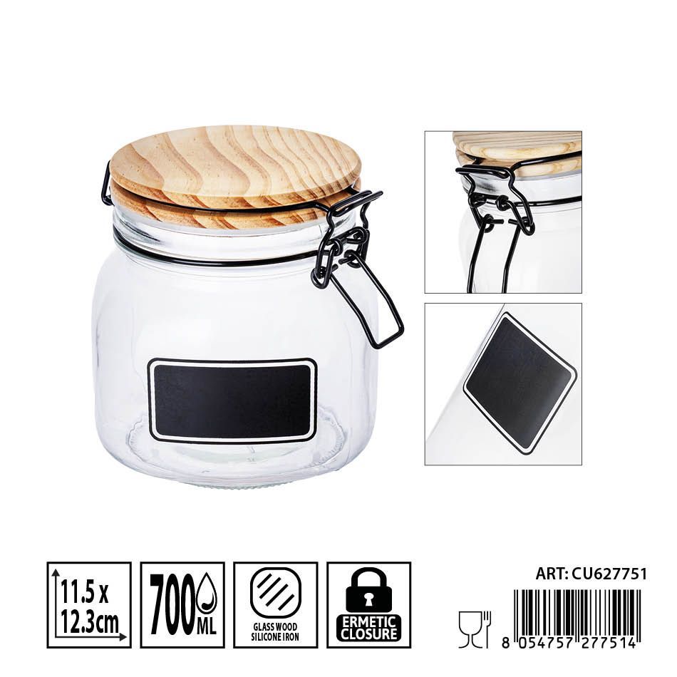 Bote de cristal hermético con tapa de madera 700ml - Envases de almacenamiento seguros