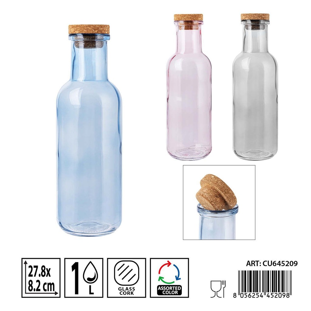 Botella de cristal con tapón 1l 8.7x8.7x27.8 cm - Accesorios de cocina y almacenamiento