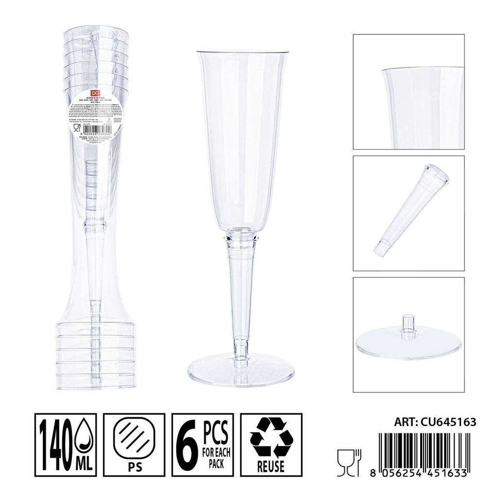 Copa de champán reutilizable 200ml 6pz - Utensilios de fiesta