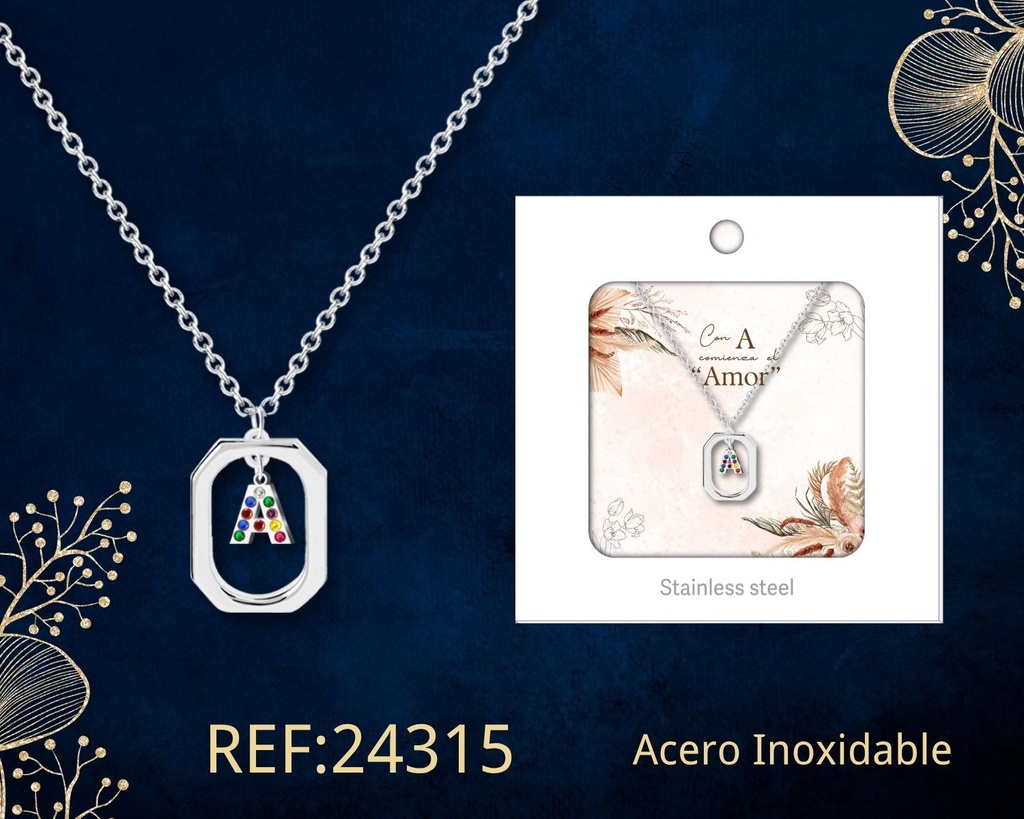 Collar letra A de acero plateado con caja - Joyería y accesorios