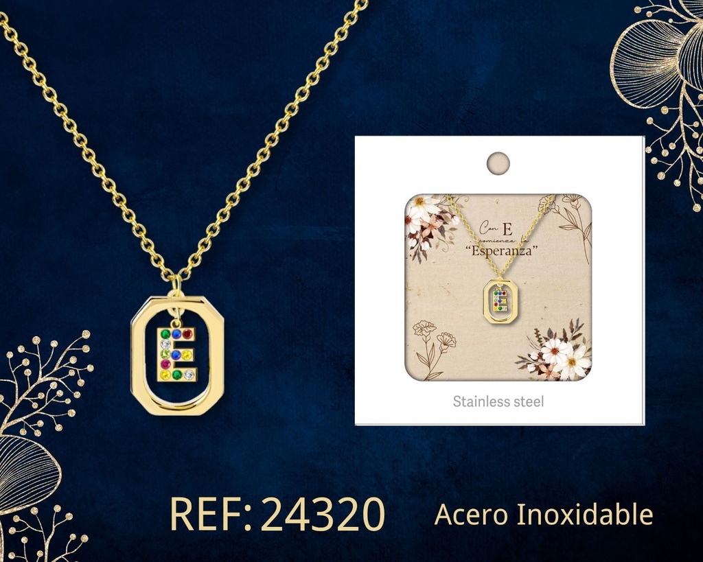 Collar letra E de acero dorado con caja - Joyería y accesorios