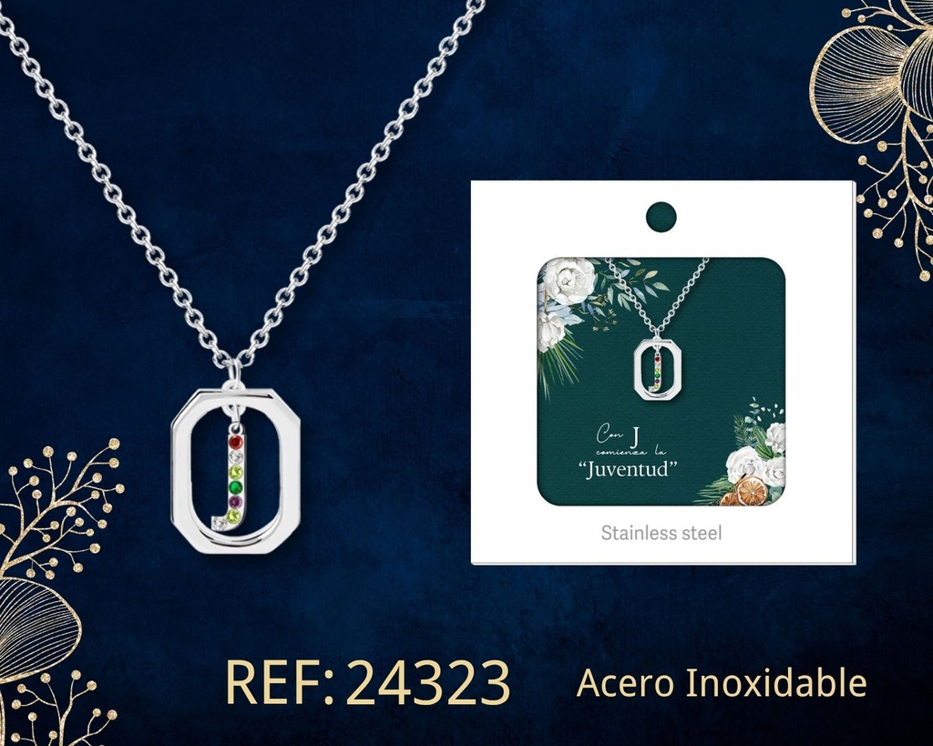 Collar letra J de acero plateado con caja - Joyería y accesorios