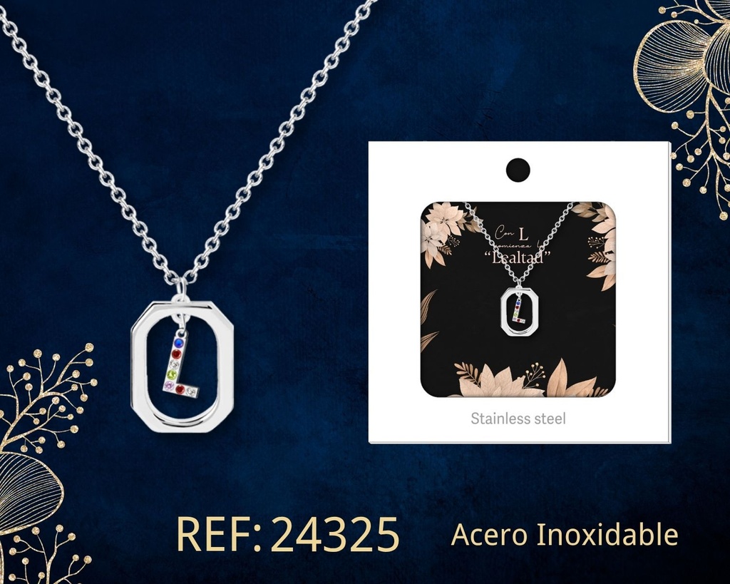 Collar letra L de acero plateado con caja - Joyería y accesorios