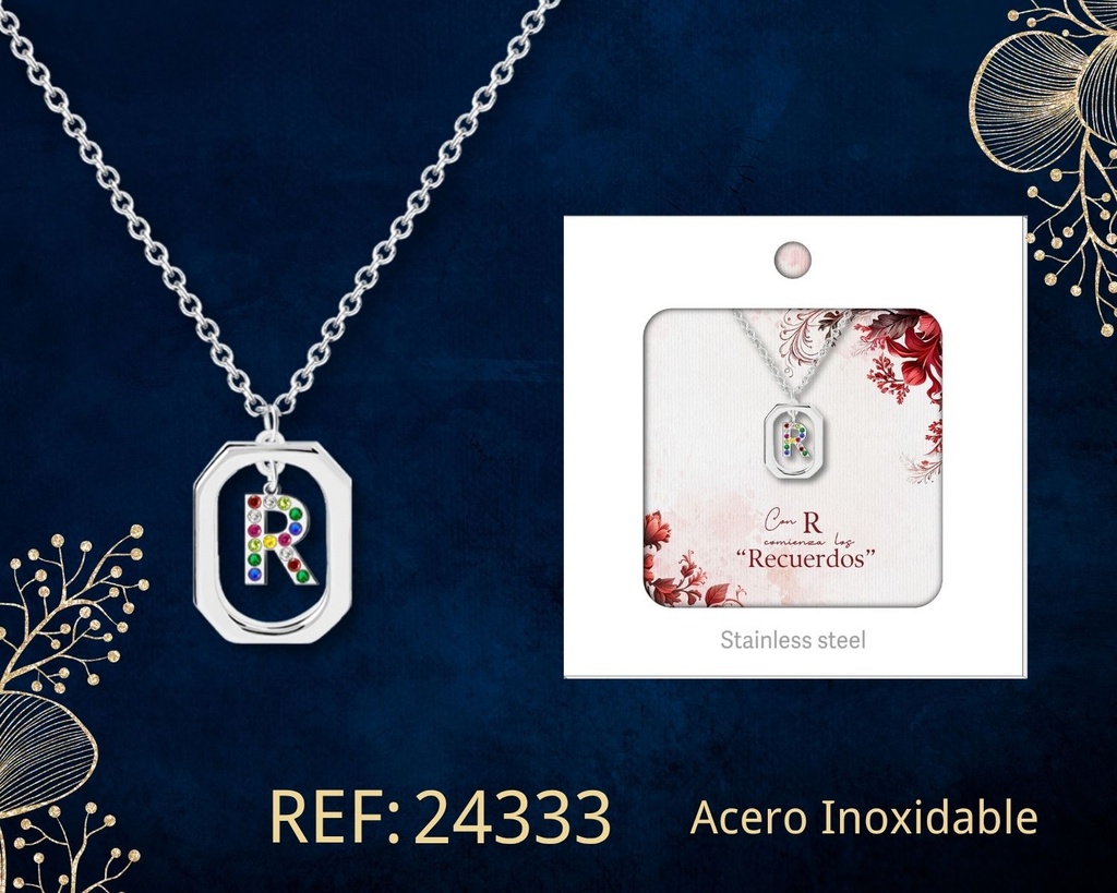 Collar letra R de acero plateado con caja - Joyería y accesorios