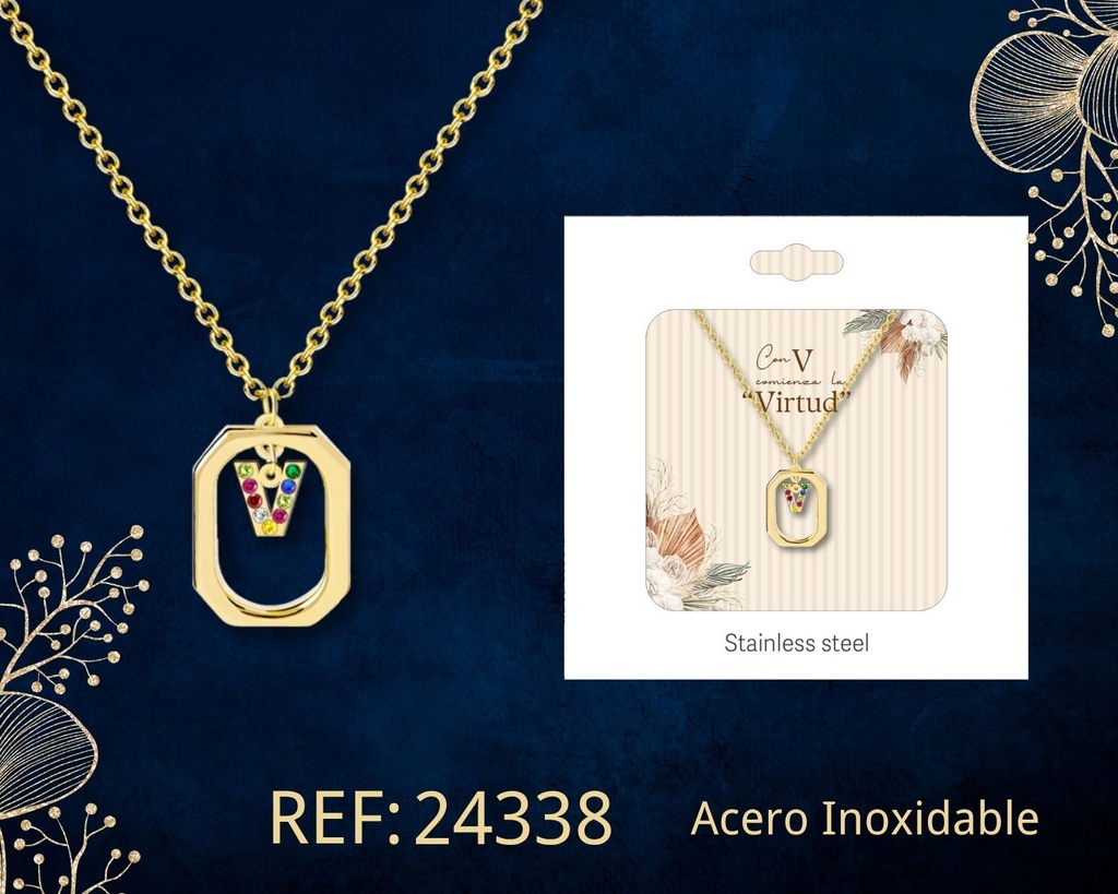 Collar letra V de acero dorado con caja - Joyería y accesorios