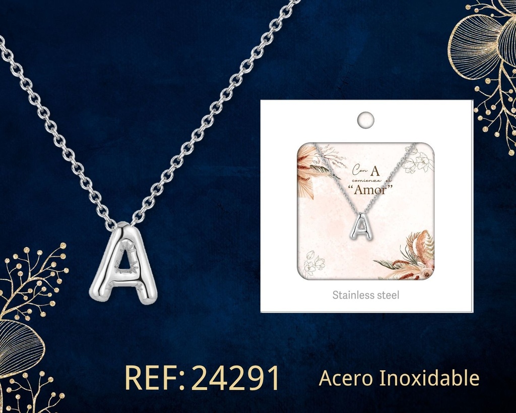 Collar letra A de acero plateado con caja - Joyería y accesorios